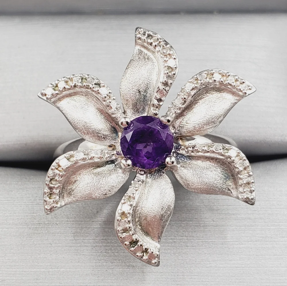 Genuine Round Purple Amethyst & Diamond Accent 925 Silver Flower Statement Ring